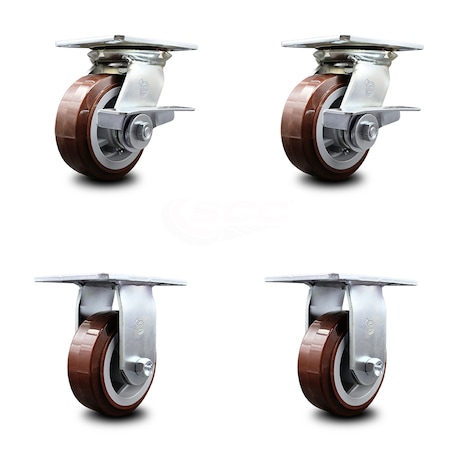 Service Caster 5 Inch Polyurethane Caster Set with Ball Bearing 2 Brakes and 2 Rigid SCC SCC-35S520-PPUB-SLB-2-R-2